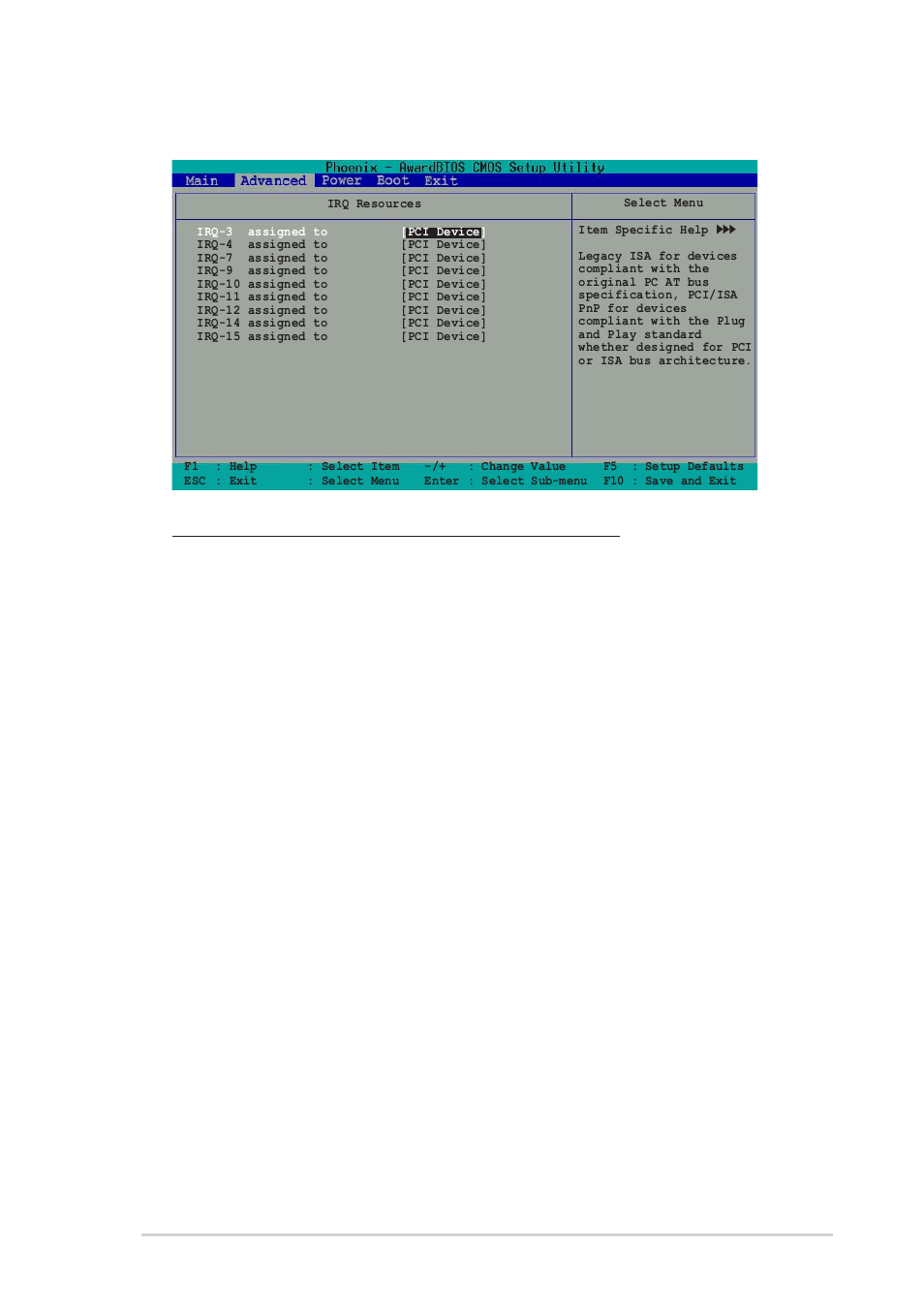 Irq resources, Pci/vga snoop palette [disabled, Assign irq for vga [enabled | Assign irq for usb [enabled, Pci latency timer (clk) [64, Pci irq actived by [level | Asus P4U800-X User Manual | Page 53 / 64