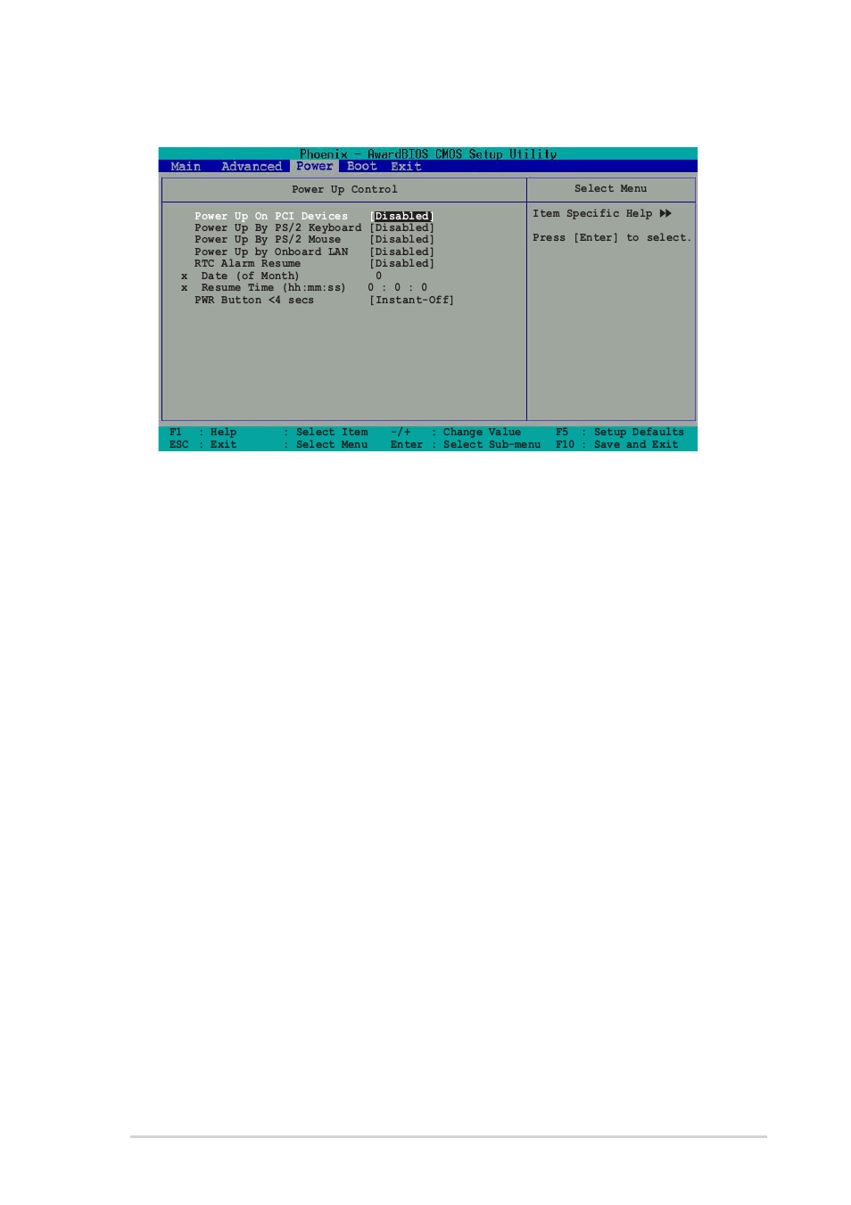 1 power up control, Power on by pci devices [disabled, Power up by ps/2 keyboard [disabled | Power up by ps/2 mouse [disabled, Power up by onboard lan [disabled, Rtc alarm resume [disabled | Asus P4U800-X User Manual | Page 55 / 64