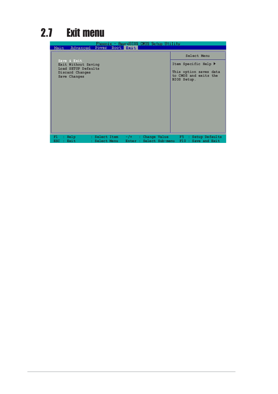 7 exit menu, Save & exit setup, Exit without saving | Load setup defaults, Discard changes, Save changes, 28 chapter 2: bios information | Asus P4U800-X User Manual | Page 60 / 64