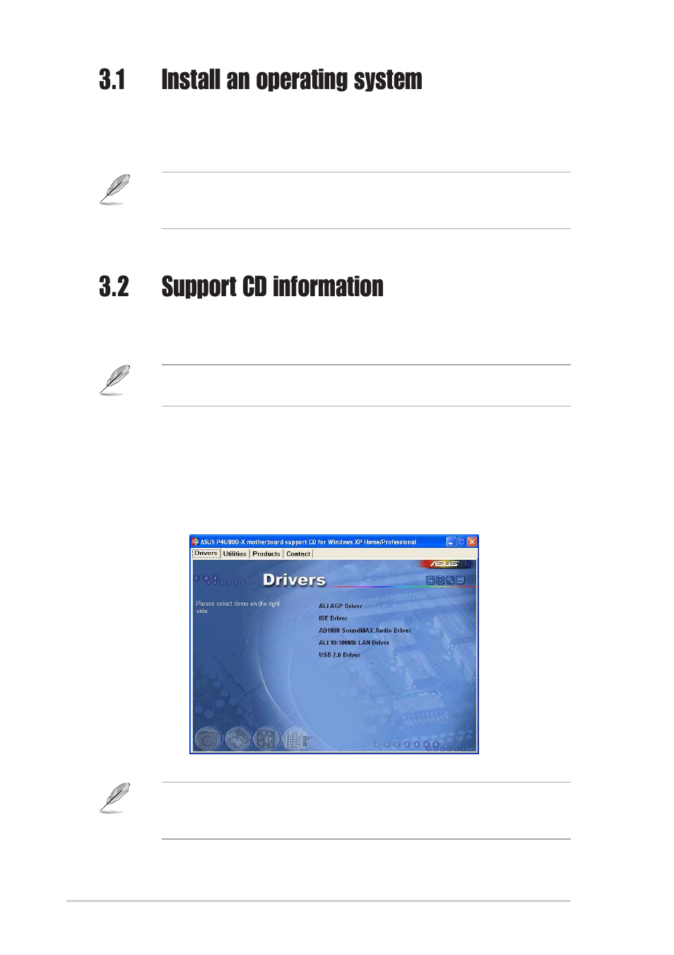 1 install an operating system, 2 support cd information, 1 running the support cd | Asus P4U800-X User Manual | Page 62 / 64