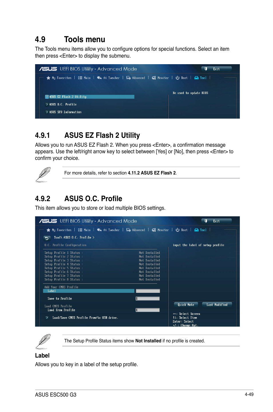 9 tools menu, 1 asus ez flash 2 utility, 2 asus o.c. profile | Asus ESC500 G3 User Manual | Page 127 / 182