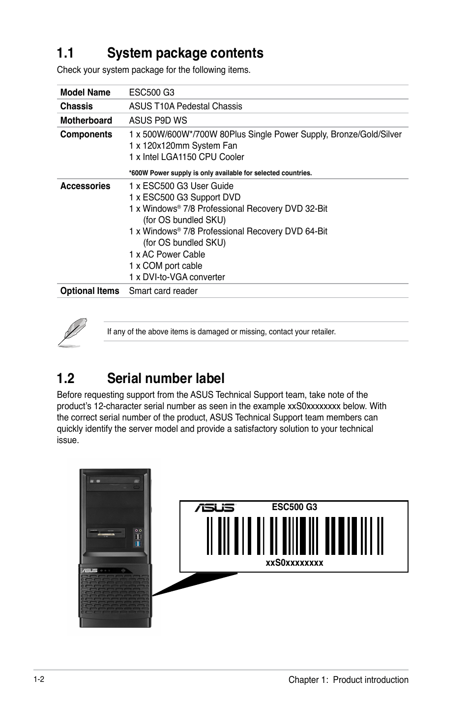 1 system package contents, 2 serial number label | Asus ESC500 G3 User Manual | Page 14 / 182