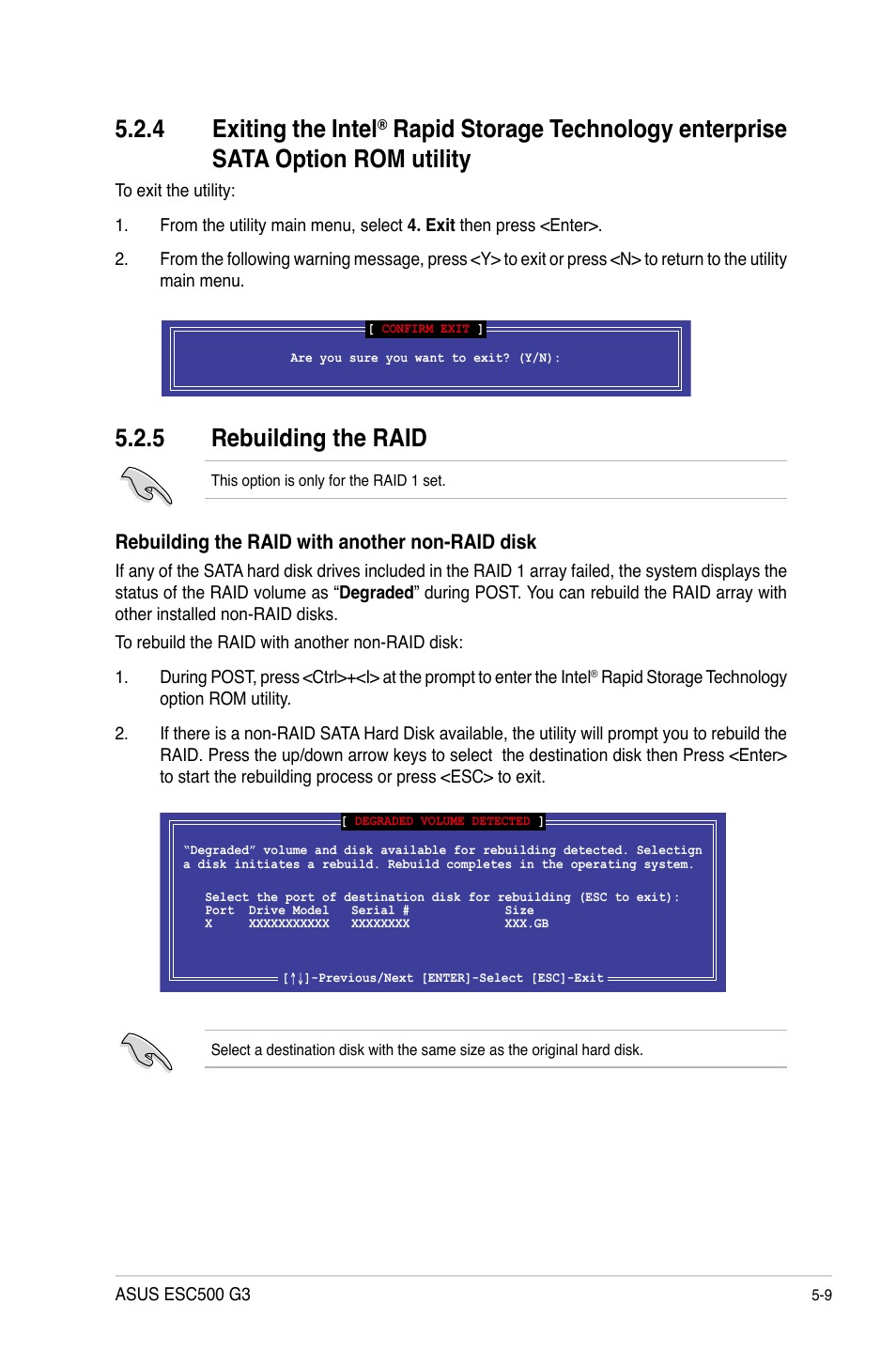 5 rebuilding the raid, 4 exiting the intel | Asus ESC500 G3 User Manual | Page 145 / 182