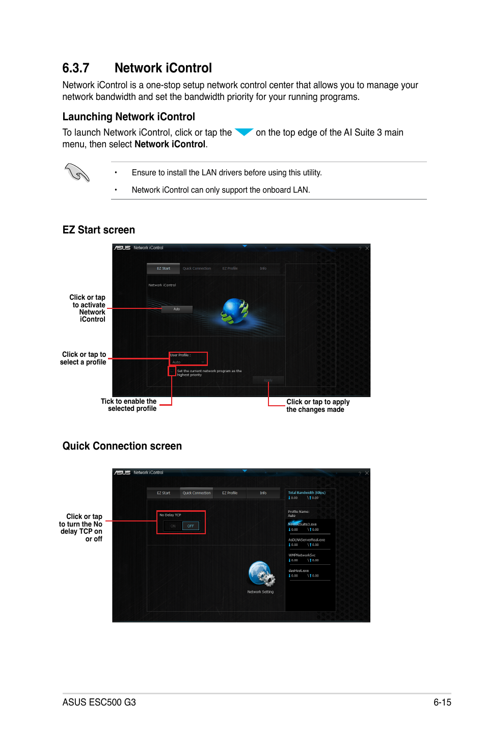 7 network icontrol, Launching network icontrol, Ez start screen | Quick connection screen | Asus ESC500 G3 User Manual | Page 169 / 182