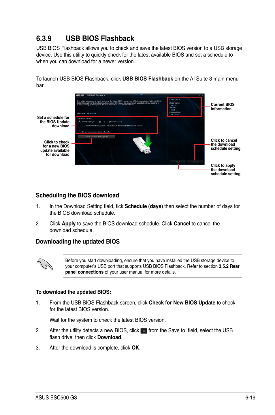 9 usb bios flashback, Scheduling the bios download, Downloading the updated bios | Asus ESC500 G3 User Manual | Page 173 / 182