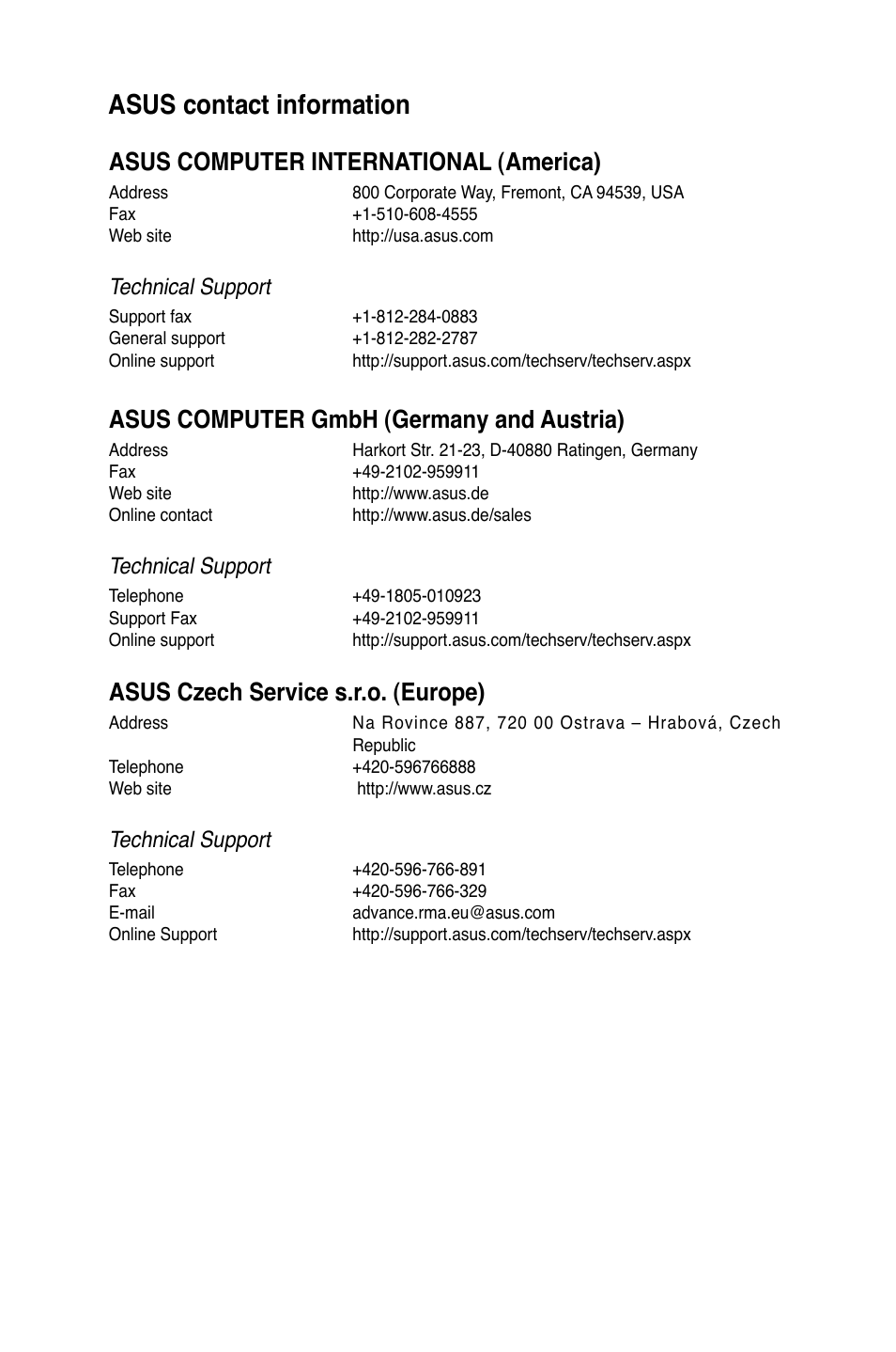 Asus contact information, Asus computer international (america), Asus computer gmbh (germany and austria) | Asus czech service s.r.o. (europe), Technical support | Asus ESC500 G3 User Manual | Page 180 / 182