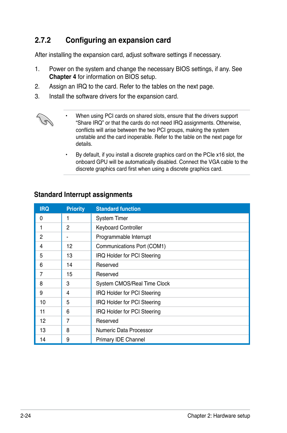 2 configuring an expansion card, Standard interrupt assignments | Asus ESC500 G3 User Manual | Page 44 / 182