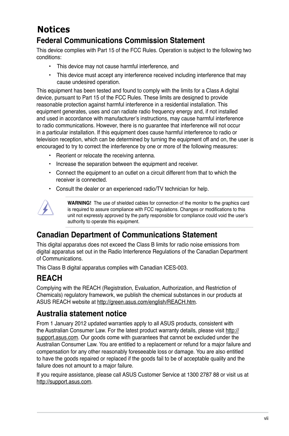 Notices, Federal communications commission statement, Canadian department of communications statement | Reach, Australia statement notice | Asus ESC500 G3 User Manual | Page 7 / 182