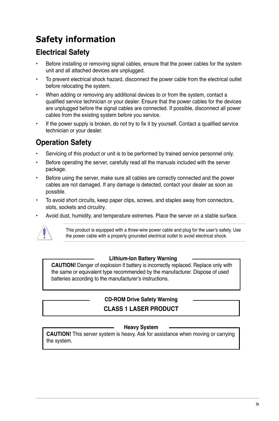 Safety information, Electrical safety, Operation safety | Asus ESC500 G3 User Manual | Page 9 / 182