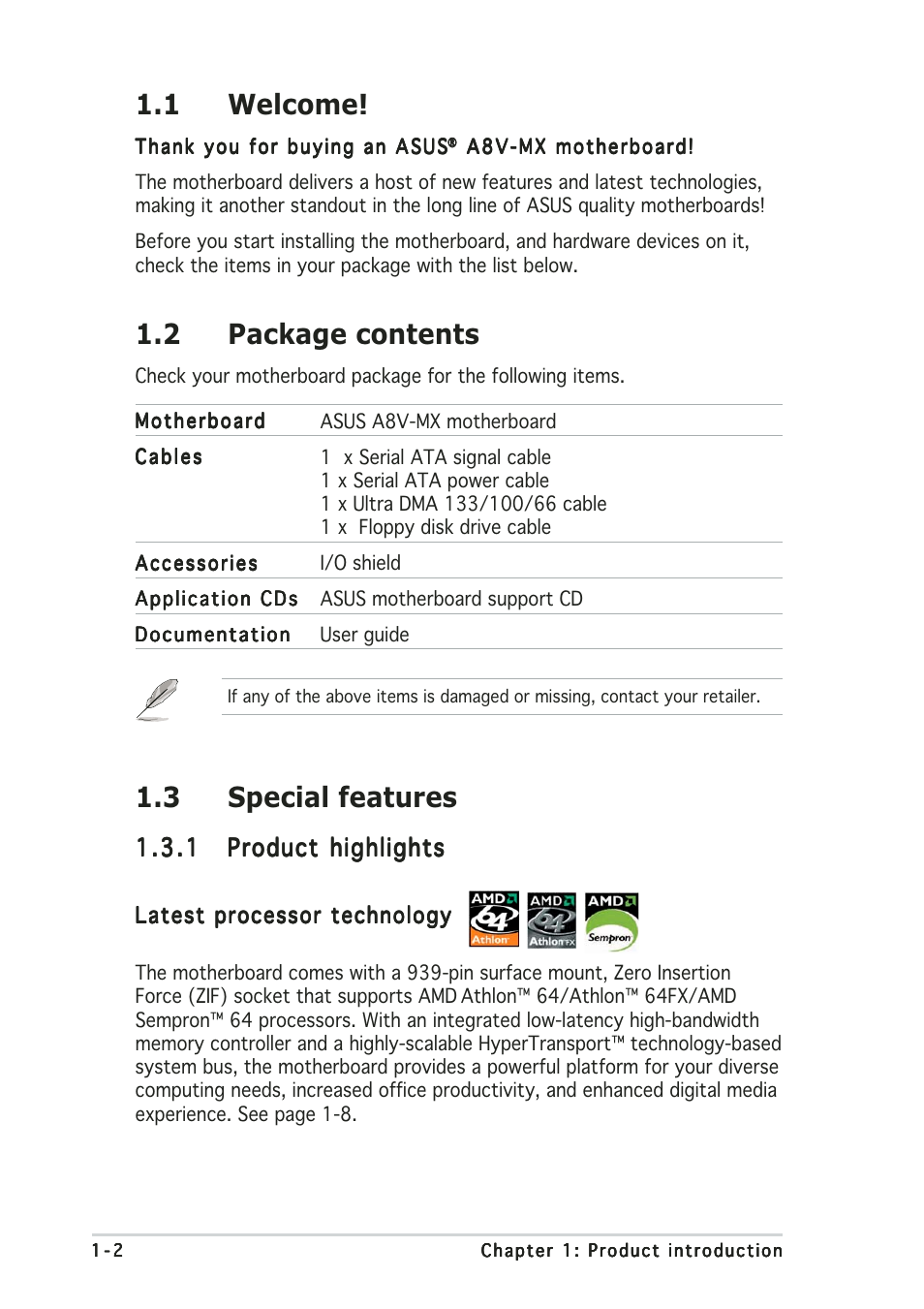 1 welcome, 2 package contents, 3 special features | Asus A8V-MX User Manual | Page 12 / 90