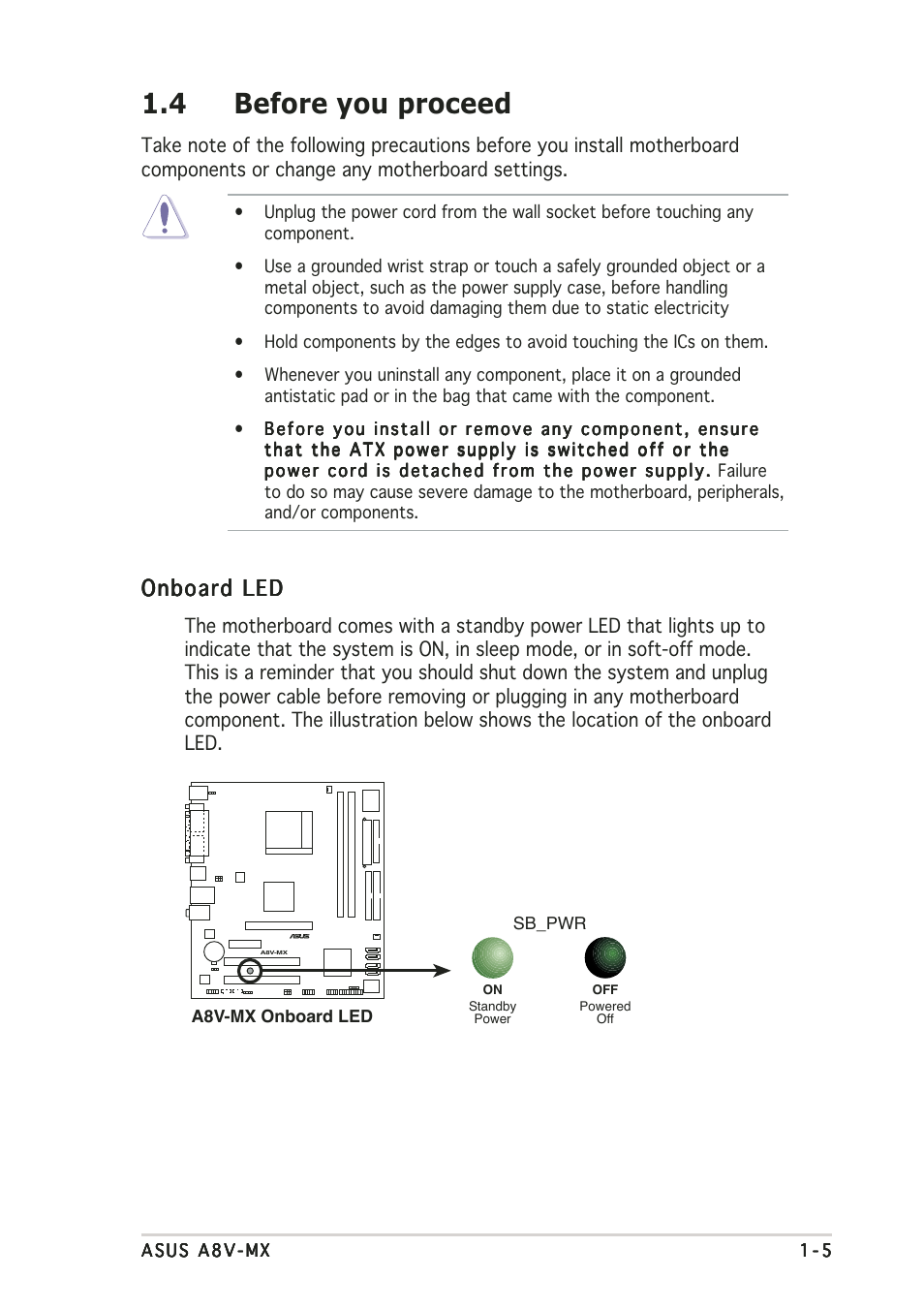 4 before you proceed, Onboard led | Asus A8V-MX User Manual | Page 15 / 90