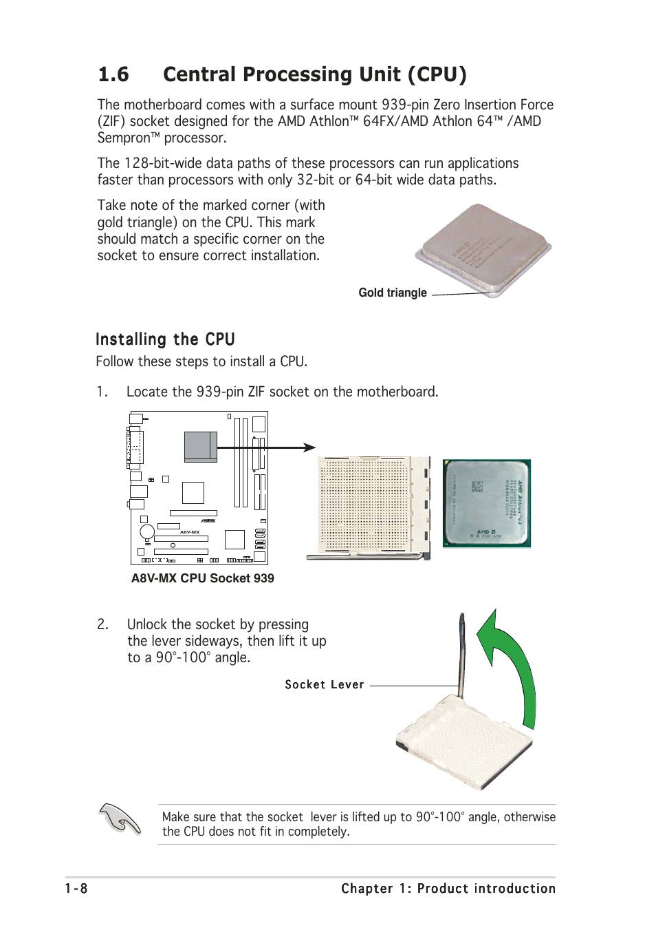 6 central processing unit (cpu), Installing the cpu | Asus A8V-MX User Manual | Page 18 / 90