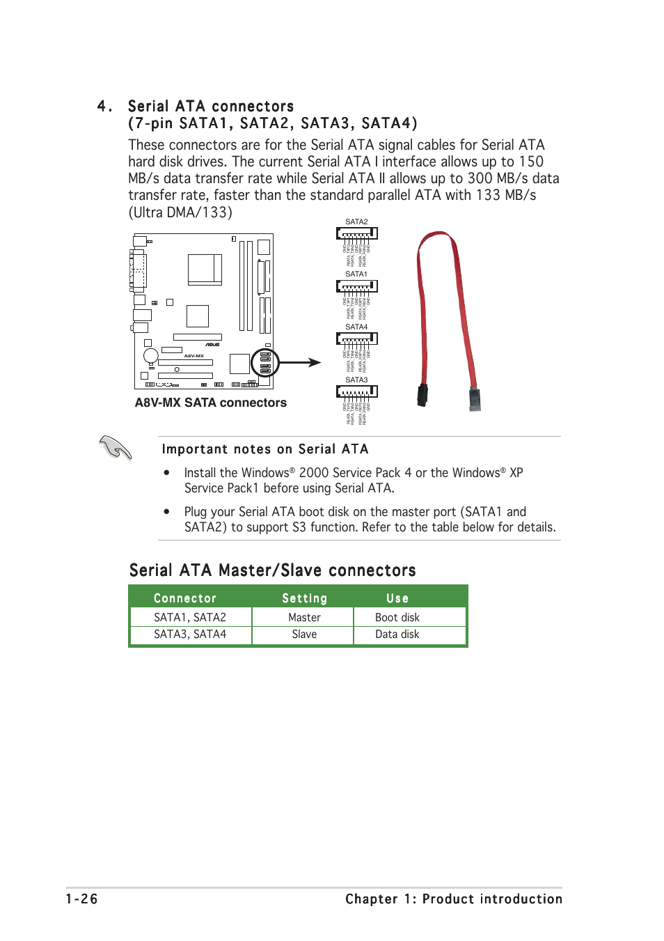 Serial ata master/slave connectors, A8v-mx sata connectors | Asus A8V-MX User Manual | Page 36 / 90