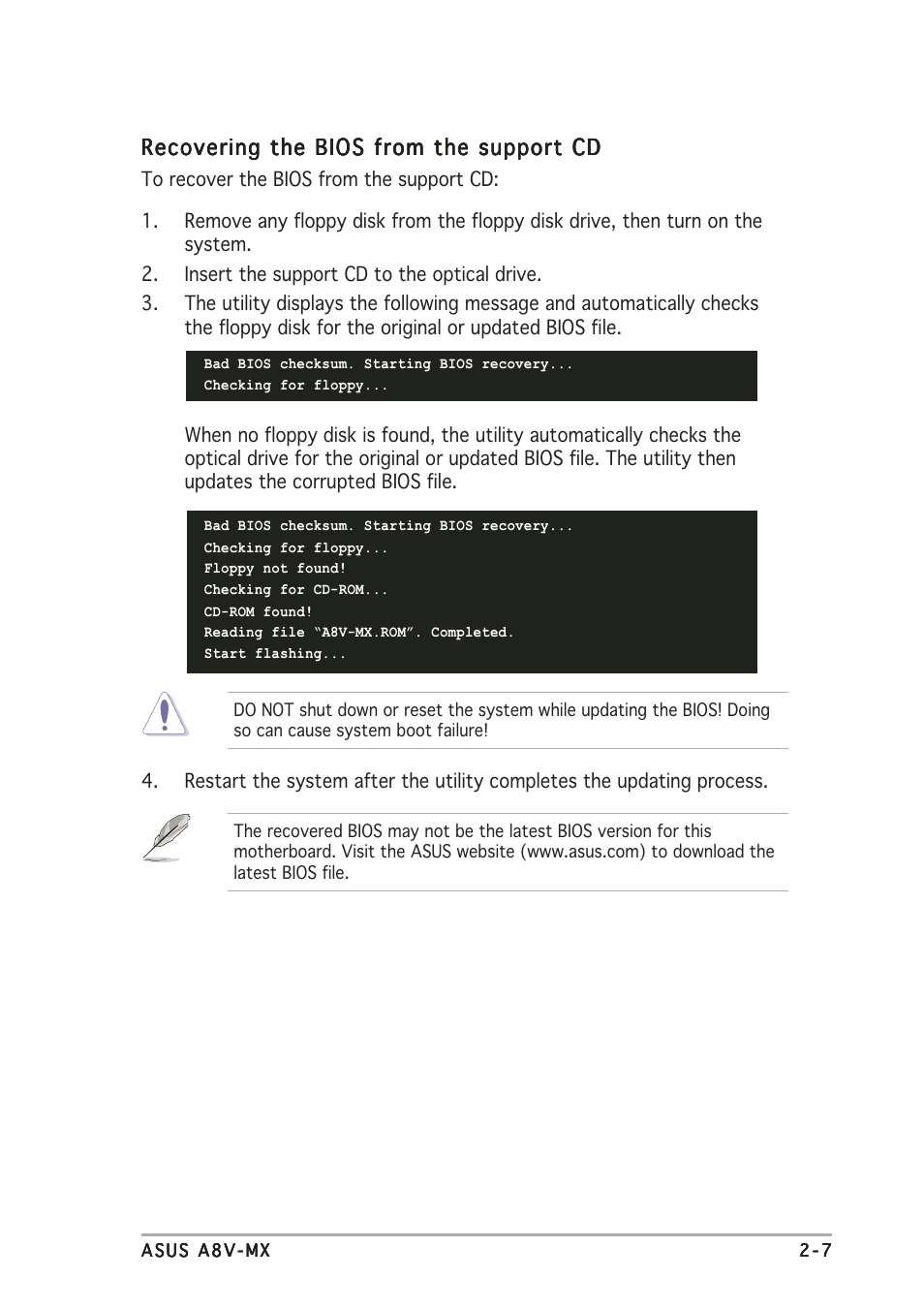 Recovering the bios from the support cd | Asus A8V-MX User Manual | Page 49 / 90