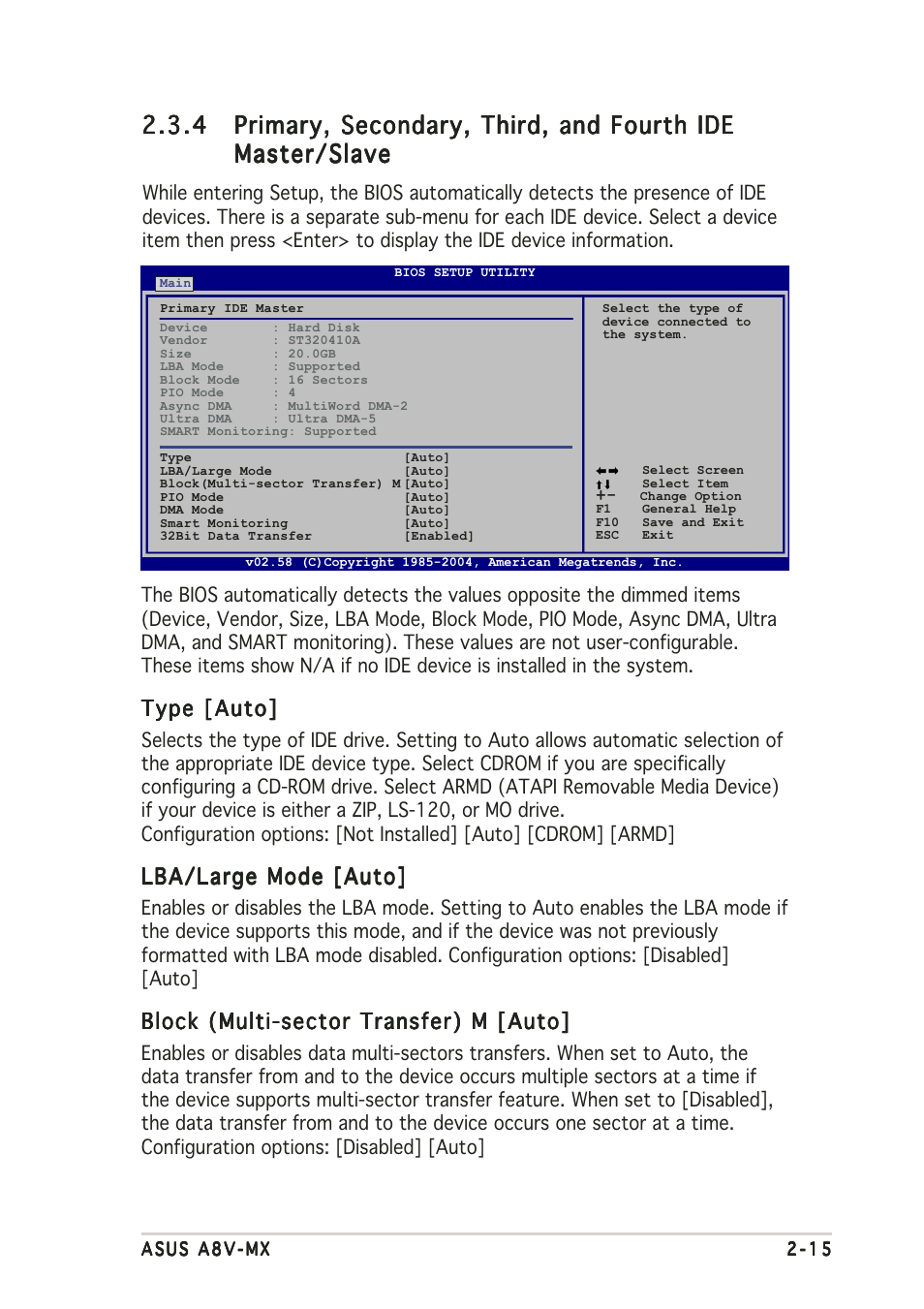 Type [auto, Lba/large mode [auto, Block (multi-sector transfer) m [auto | Asus A8V-MX User Manual | Page 57 / 90