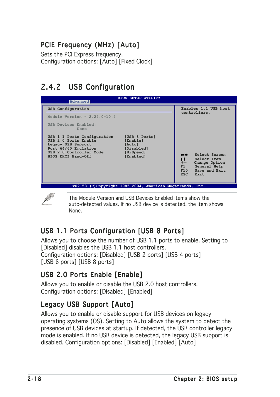 Pcie frequency (mhz) [auto, Usb 1.1 ports configuration [usb 8 ports, Usb 2.0 ports enable [enable | Legacy usb support [auto | Asus A8V-MX User Manual | Page 60 / 90