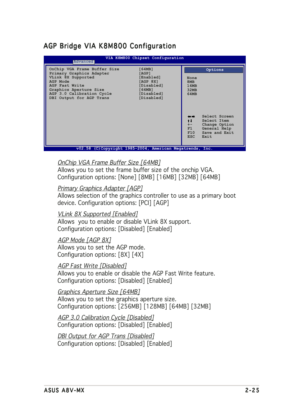 Agp bridge via k8m800 configuration | Asus A8V-MX User Manual | Page 67 / 90