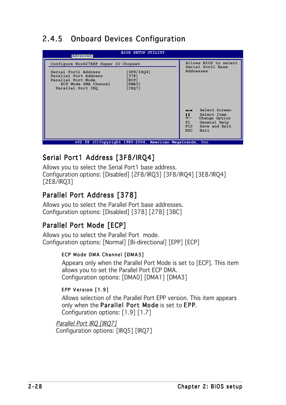 Serial port1 address [3f8/irq4, Parallel port address [378, Parallel port mode [ecp | Asus A8V-MX User Manual | Page 70 / 90