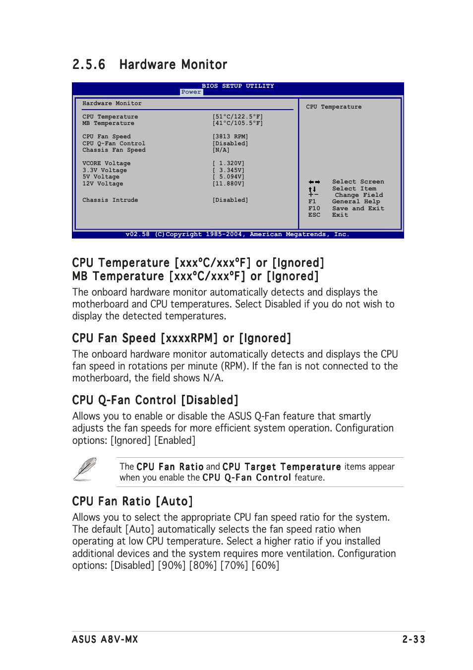 Cpu temperature [xxxºc/xxxºf] or [ignored, Cpu q-fan control [disabled, Cpu fan ratio [auto | Asus A8V-MX User Manual | Page 75 / 90