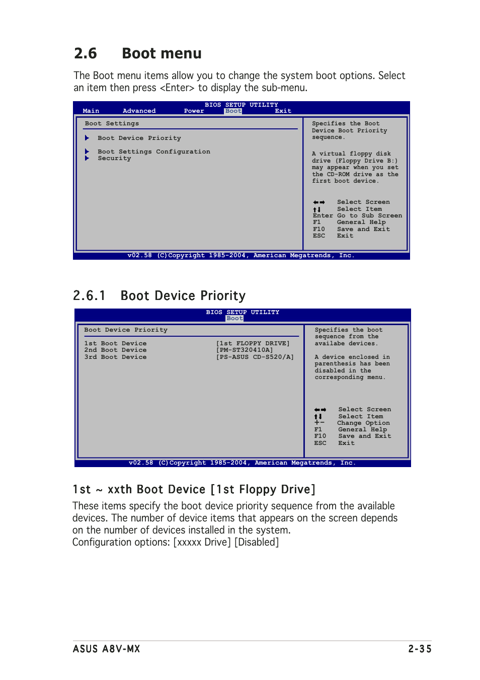 6 boot menu, 1st ~ xxth boot device [1st floppy drive | Asus A8V-MX User Manual | Page 77 / 90