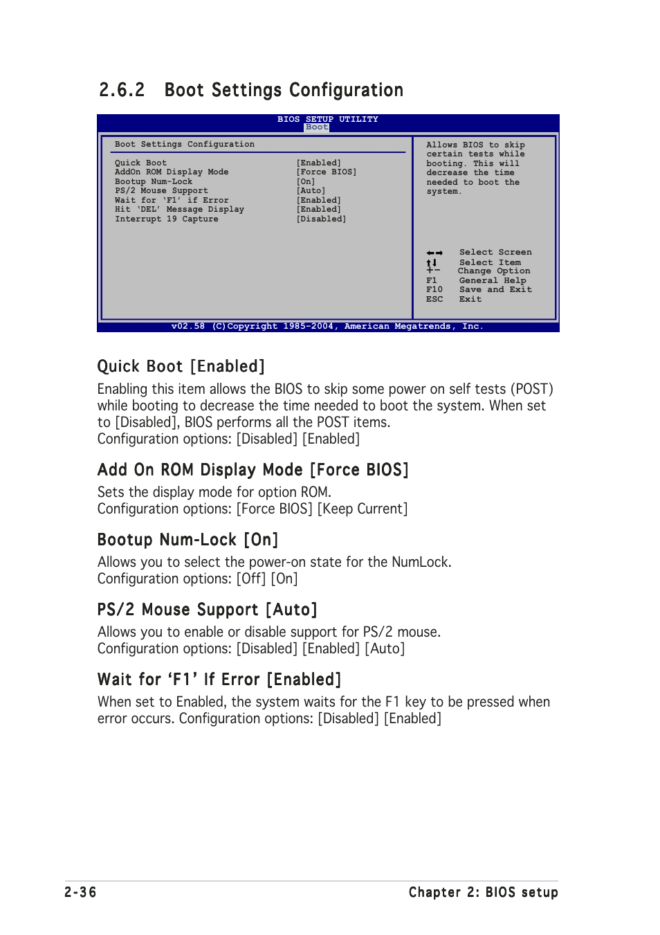 Quick boot [enabled, Add on rom display mode [force bios, Bootup num-lock [on | Ps/2 mouse support [auto, Wait for ‘f1’ if error [enabled | Asus A8V-MX User Manual | Page 78 / 90
