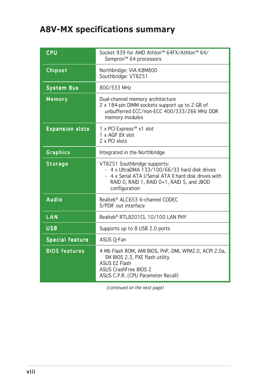 A8v-mx specifications summary | Asus A8V-MX User Manual | Page 8 / 90