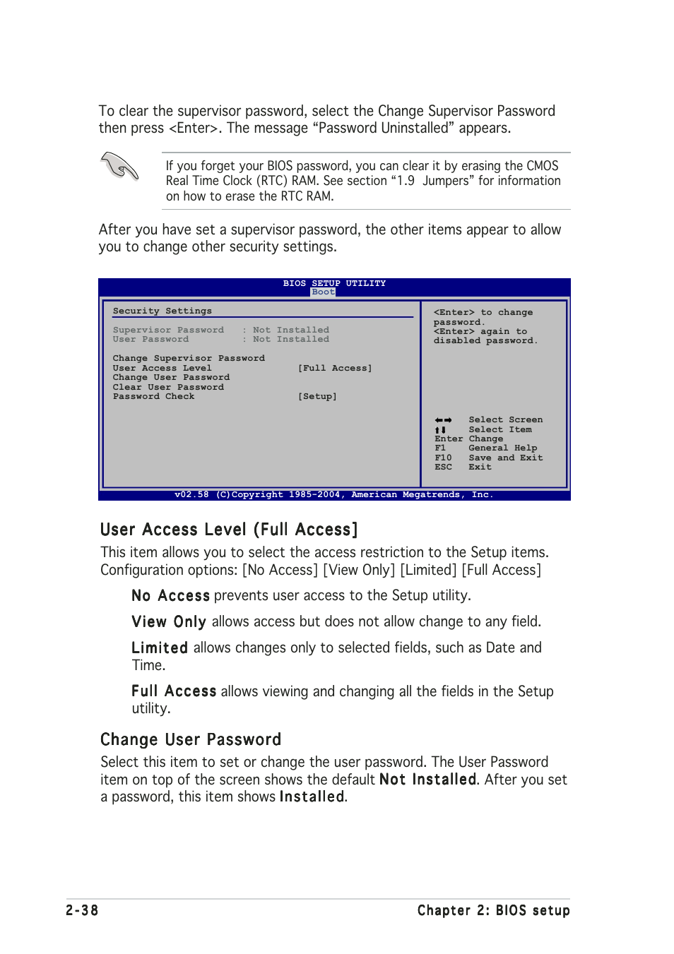 User access level (full access, Change user password | Asus A8V-MX User Manual | Page 80 / 90