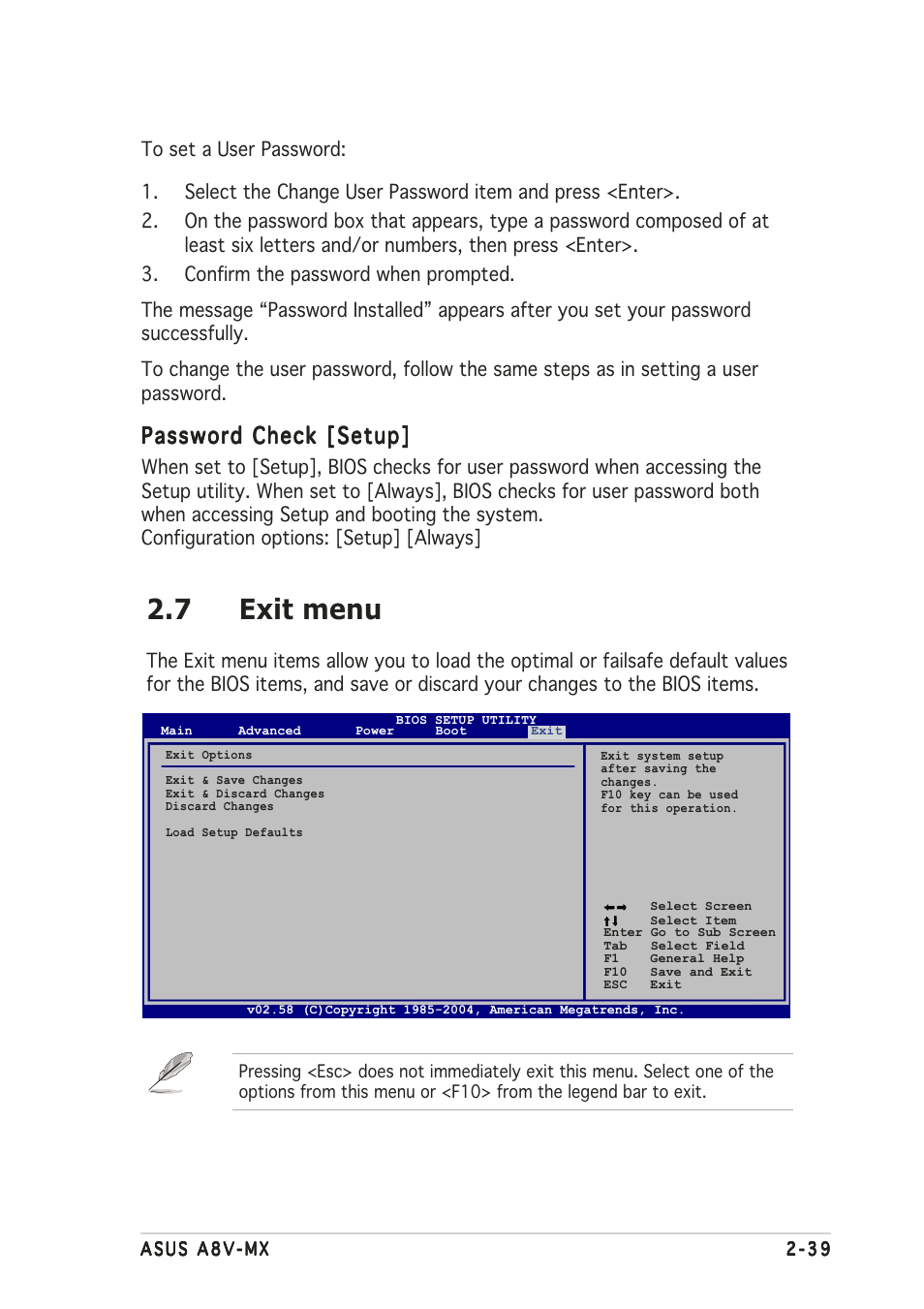 7 exit menu, Password check [setup | Asus A8V-MX User Manual | Page 81 / 90