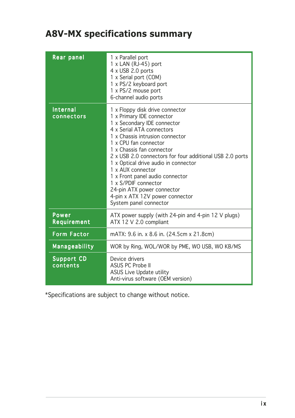 A8v-mx specifications summary | Asus A8V-MX User Manual | Page 9 / 90