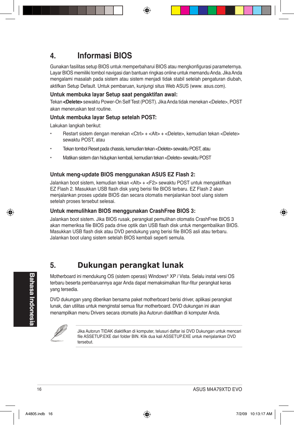 Inf�r�asi bio, Dukungan perangkat lunak | Asus M4A79XTD EVO/USB3 User Manual | Page 16 / 30