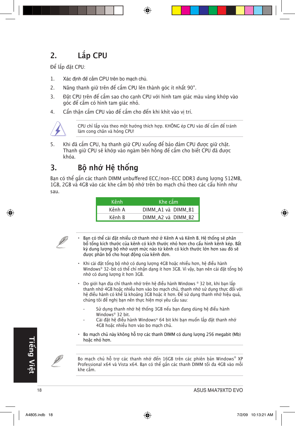 Bộ nhớ hệ thống, Lắp cpu, Tiếng việt | Asus M4A79XTD EVO/USB3 User Manual | Page 18 / 30