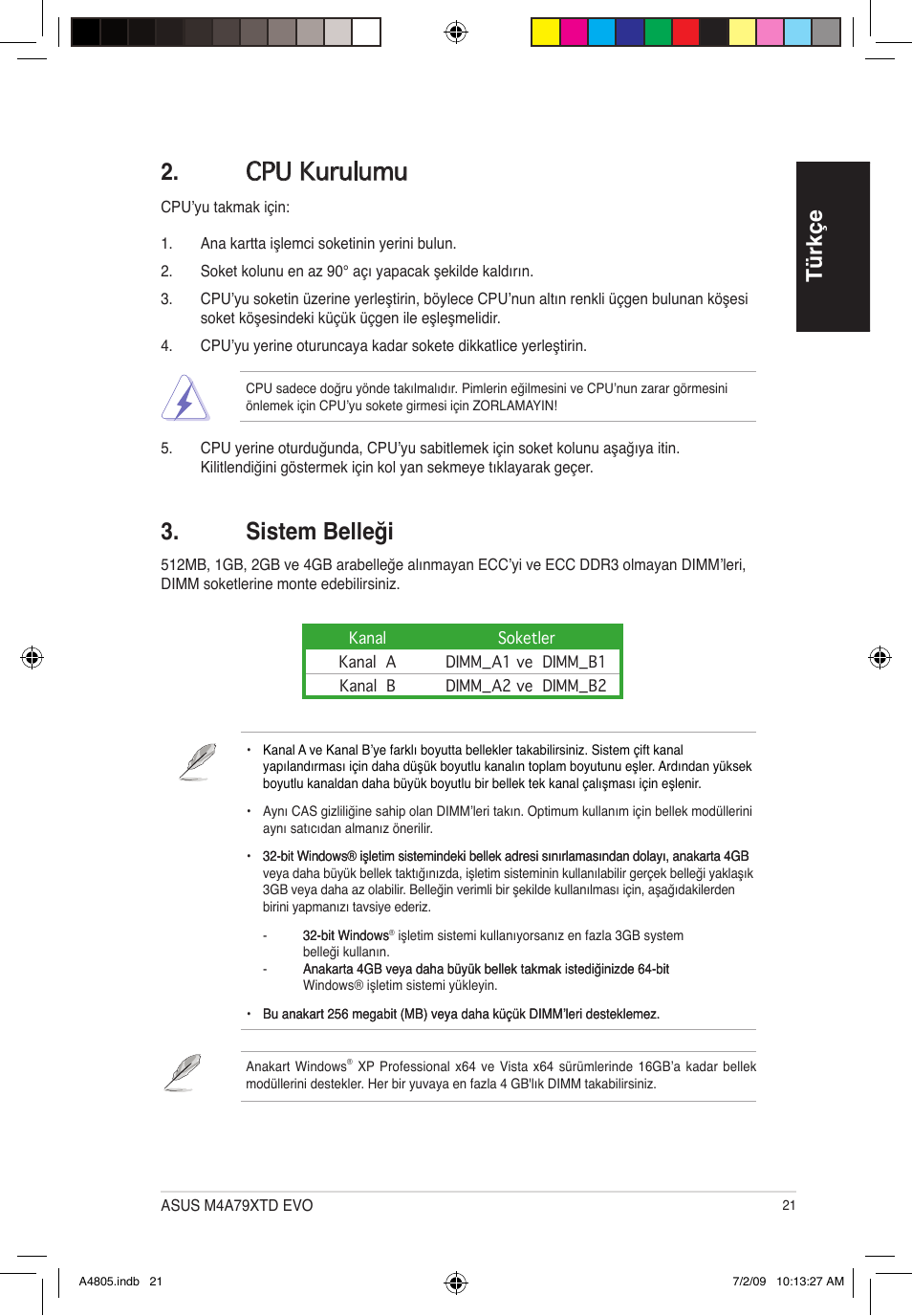 Sistem belleği, Cpu kurulumu, Türkç | Asus M4A79XTD EVO/USB3 User Manual | Page 21 / 30