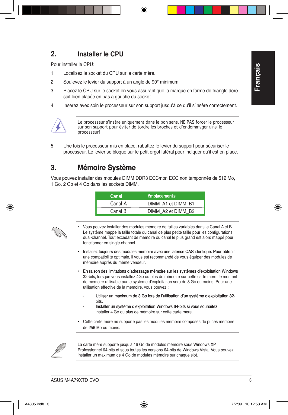 M���ir�� ��s������ m���ir�� ��s, Français, Ins��a����r ��� cpu | Asus M4A79XTD EVO/USB3 User Manual | Page 3 / 30