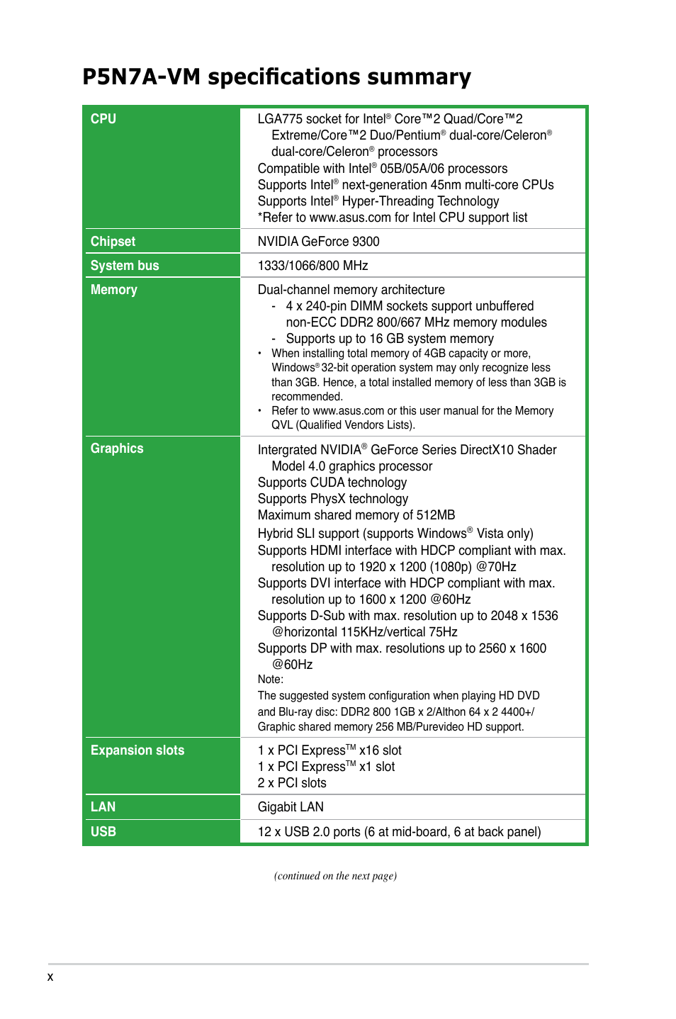 P5n7a-vm specifications summary | Asus P5N7A-VM User Manual | Page 10 / 112
