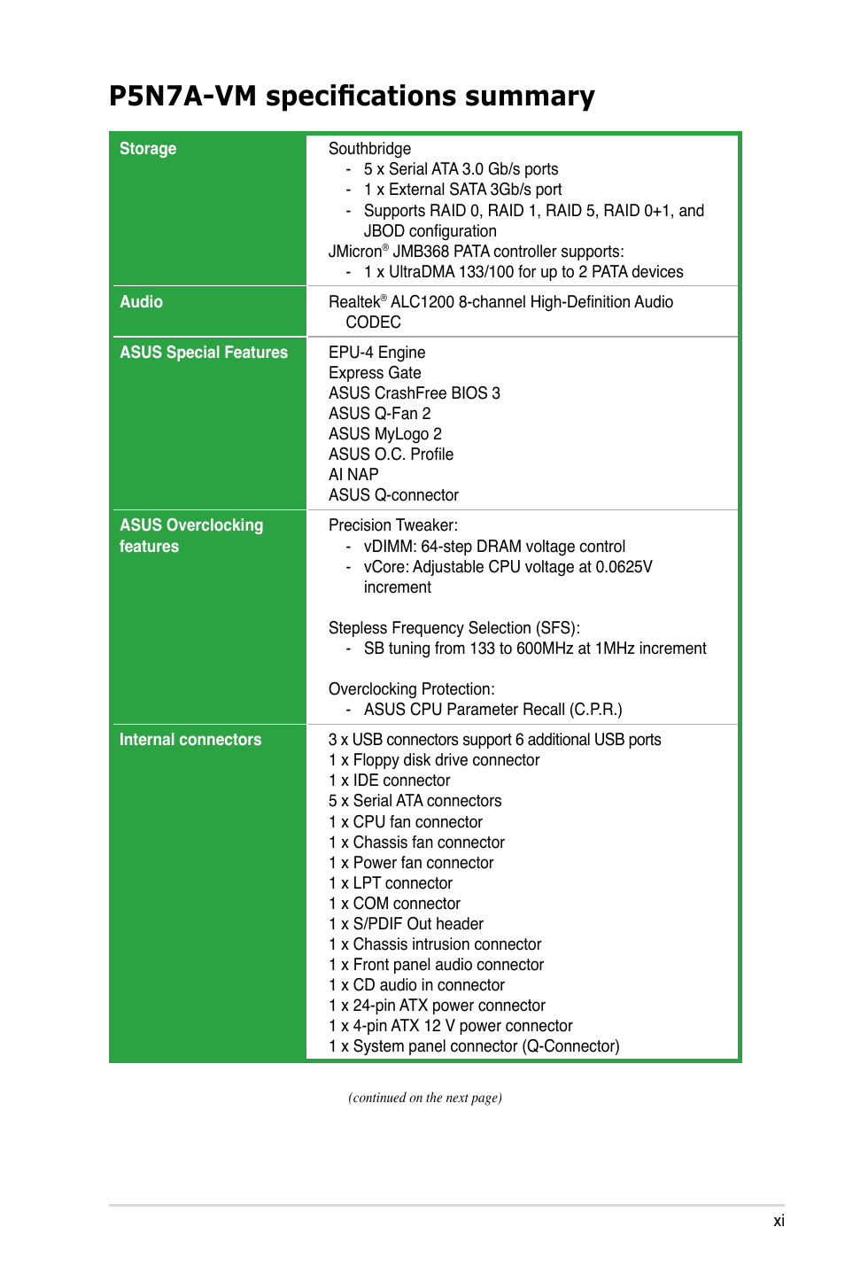 P5n7a-vm specifications summary | Asus P5N7A-VM User Manual | Page 11 / 112
