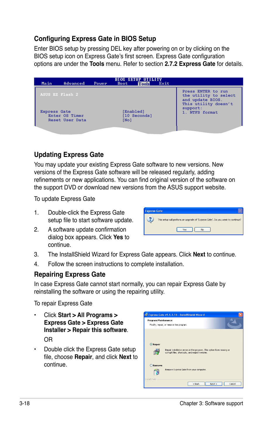 Configuring express gate in bios setup, Updating express gate, Repairing express gate | Asus P5N7A-VM User Manual | Page 110 / 112