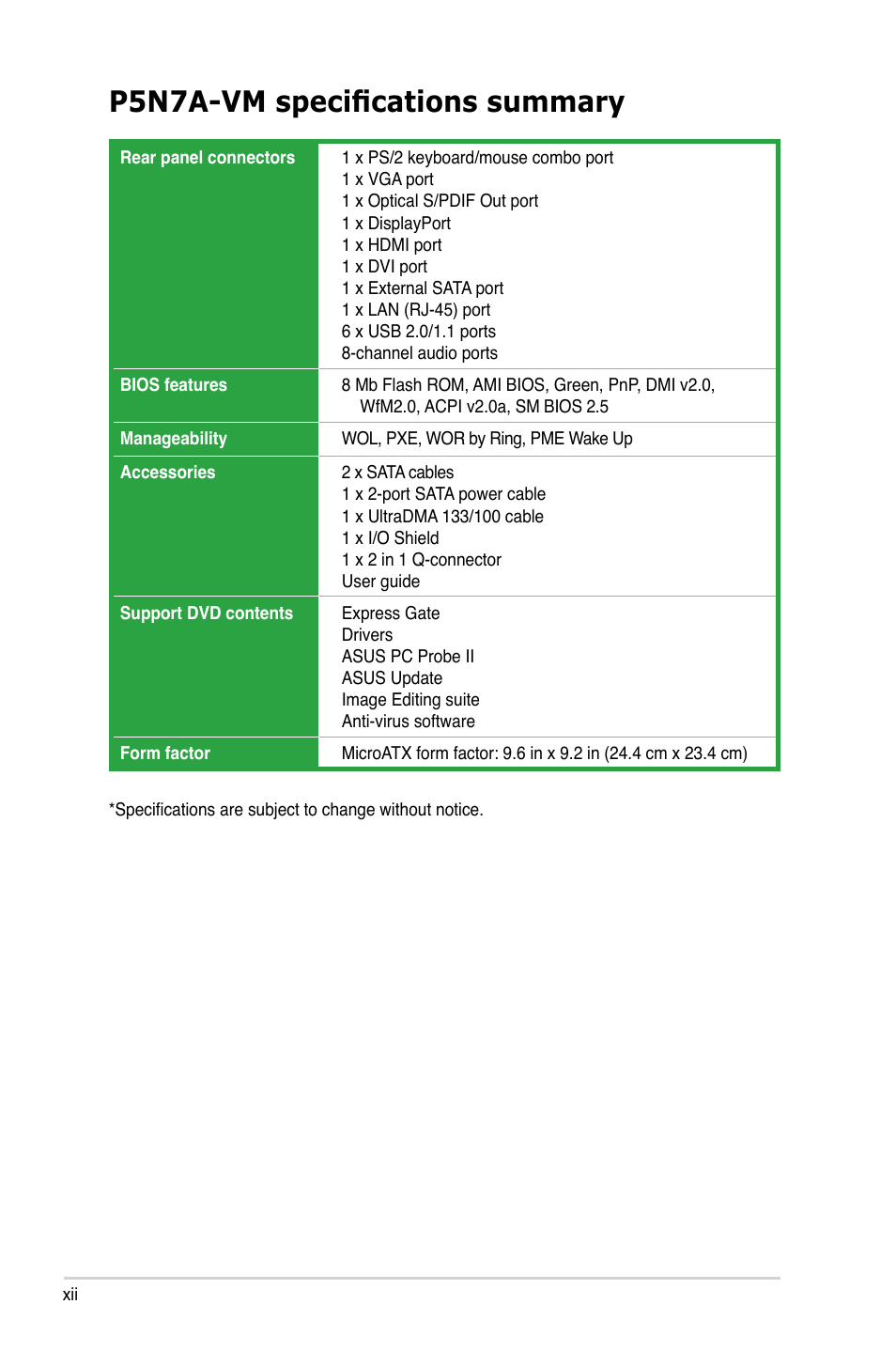 P5n7a-vm specifications summary | Asus P5N7A-VM User Manual | Page 12 / 112