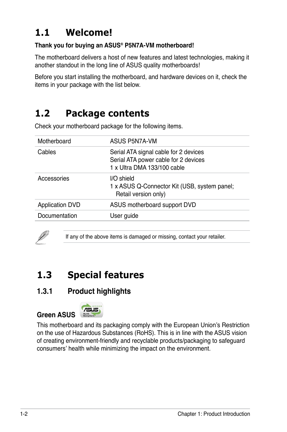 1 welcome, 2 package contents, 3 special features | 1 product highlights | Asus P5N7A-VM User Manual | Page 14 / 112
