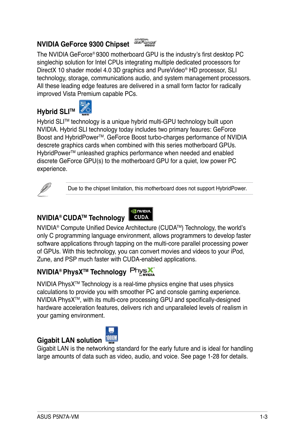 Nvidia geforce 9300 chipset, Hybrid sli, Nvidia | Cuda, Technology, Physx, Gigabit lan solution | Asus P5N7A-VM User Manual | Page 15 / 112