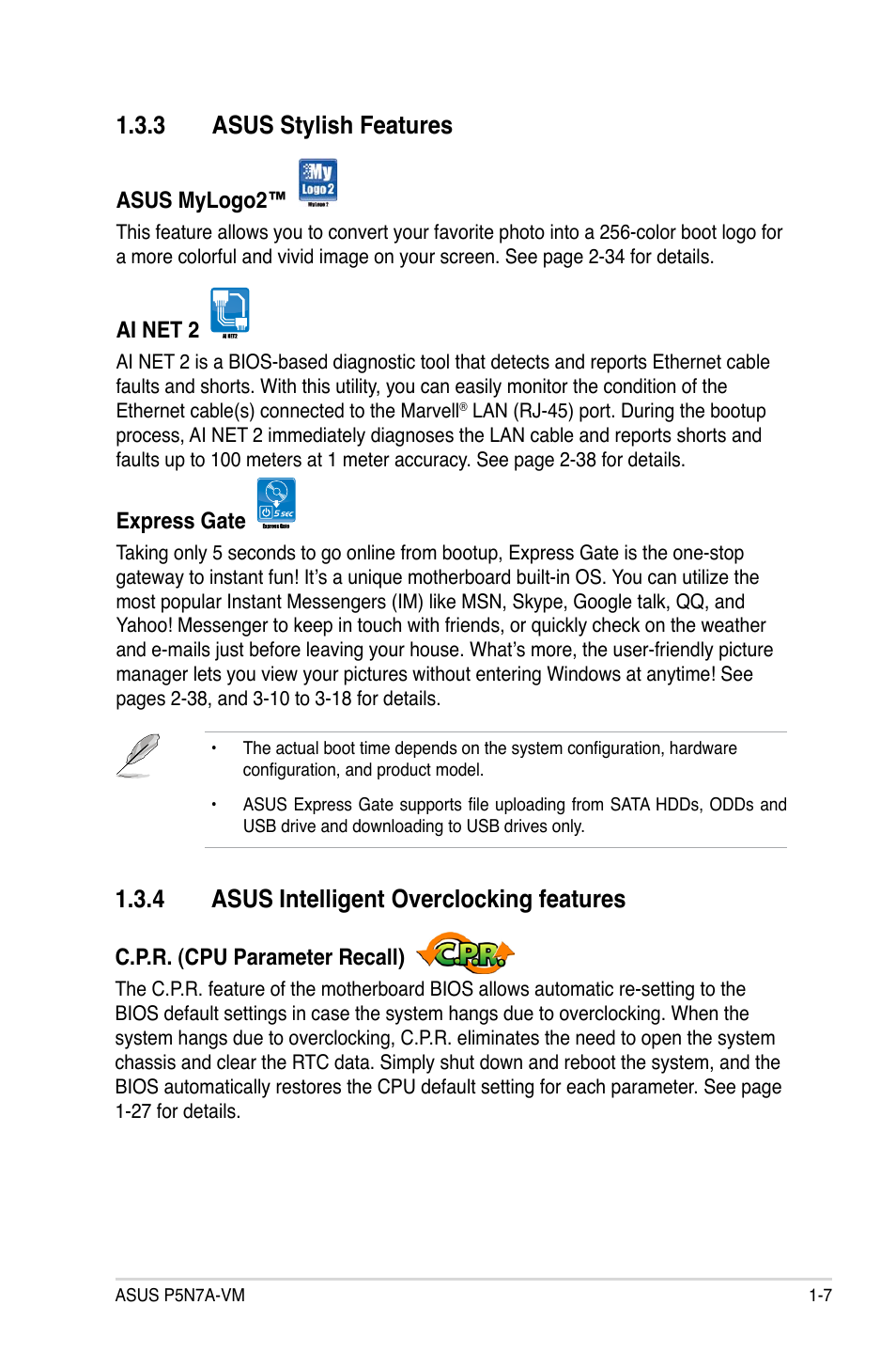 3 asus stylish features, 4 asus intelligent overclocking features | Asus P5N7A-VM User Manual | Page 19 / 112