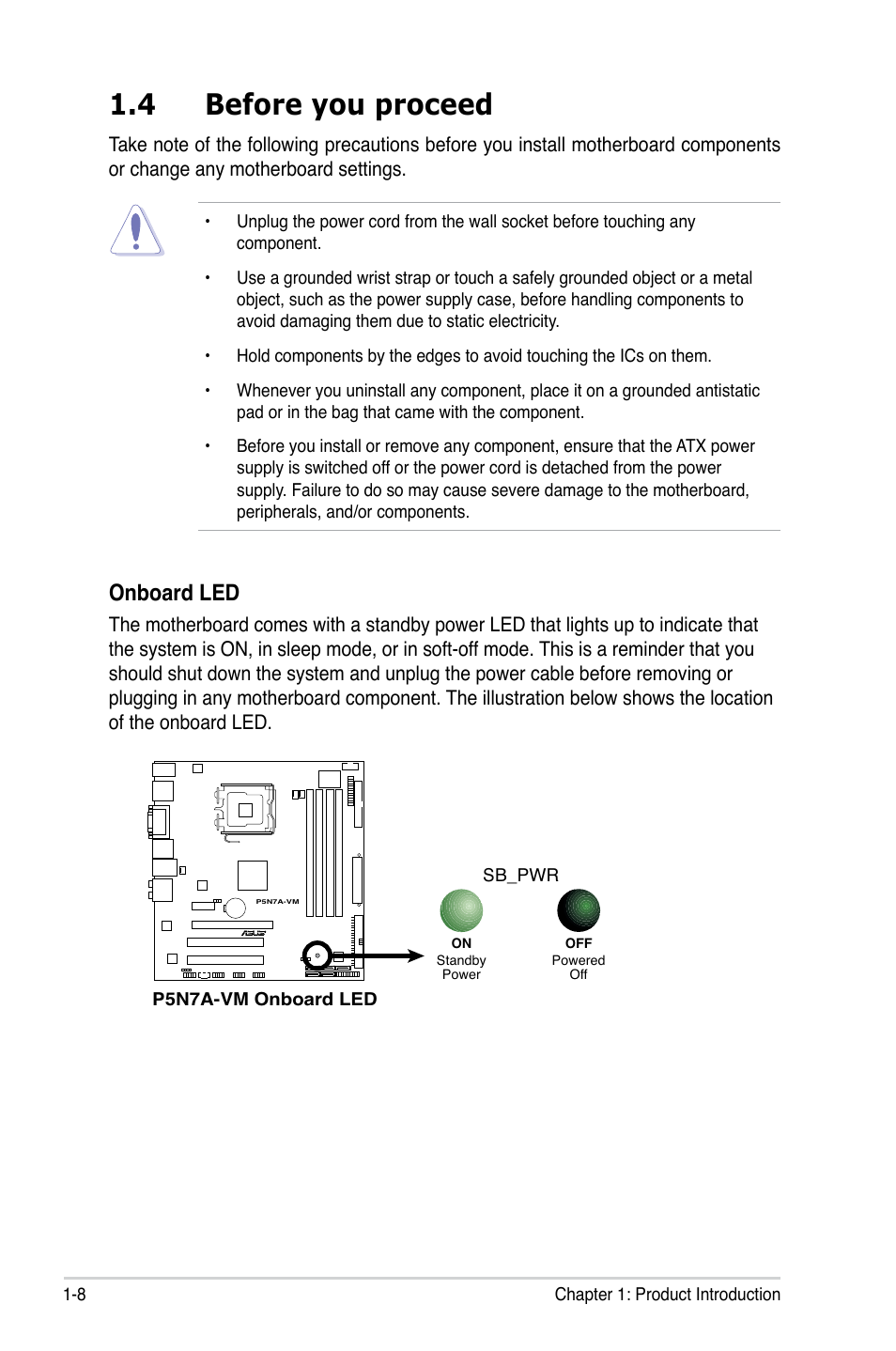4 before you proceed, Onboard led | Asus P5N7A-VM User Manual | Page 20 / 112