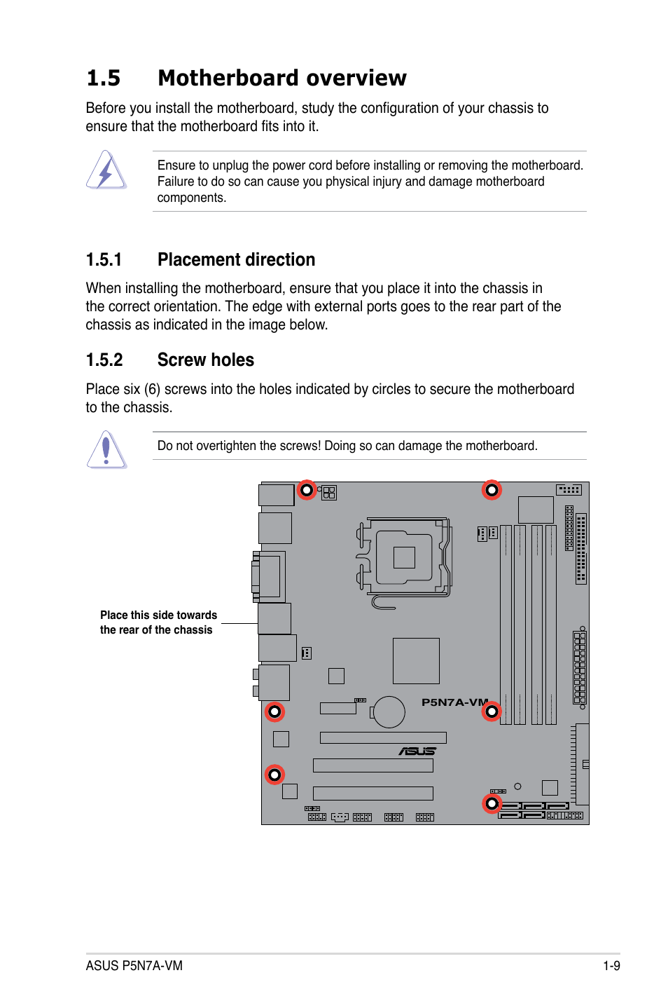 5 motherboard overview, 1 placement direction, 2 screw holes | Asus P5N7A-VM User Manual | Page 21 / 112