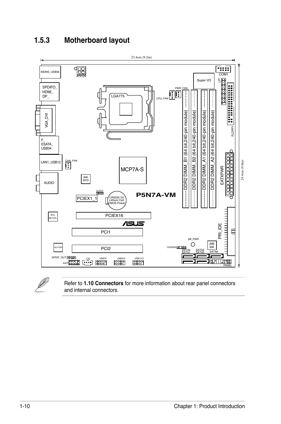 3 motherboard layout, 10 chapter 1: product introduction, Mcp7a-s | Asus P5N7A-VM User Manual | Page 22 / 112