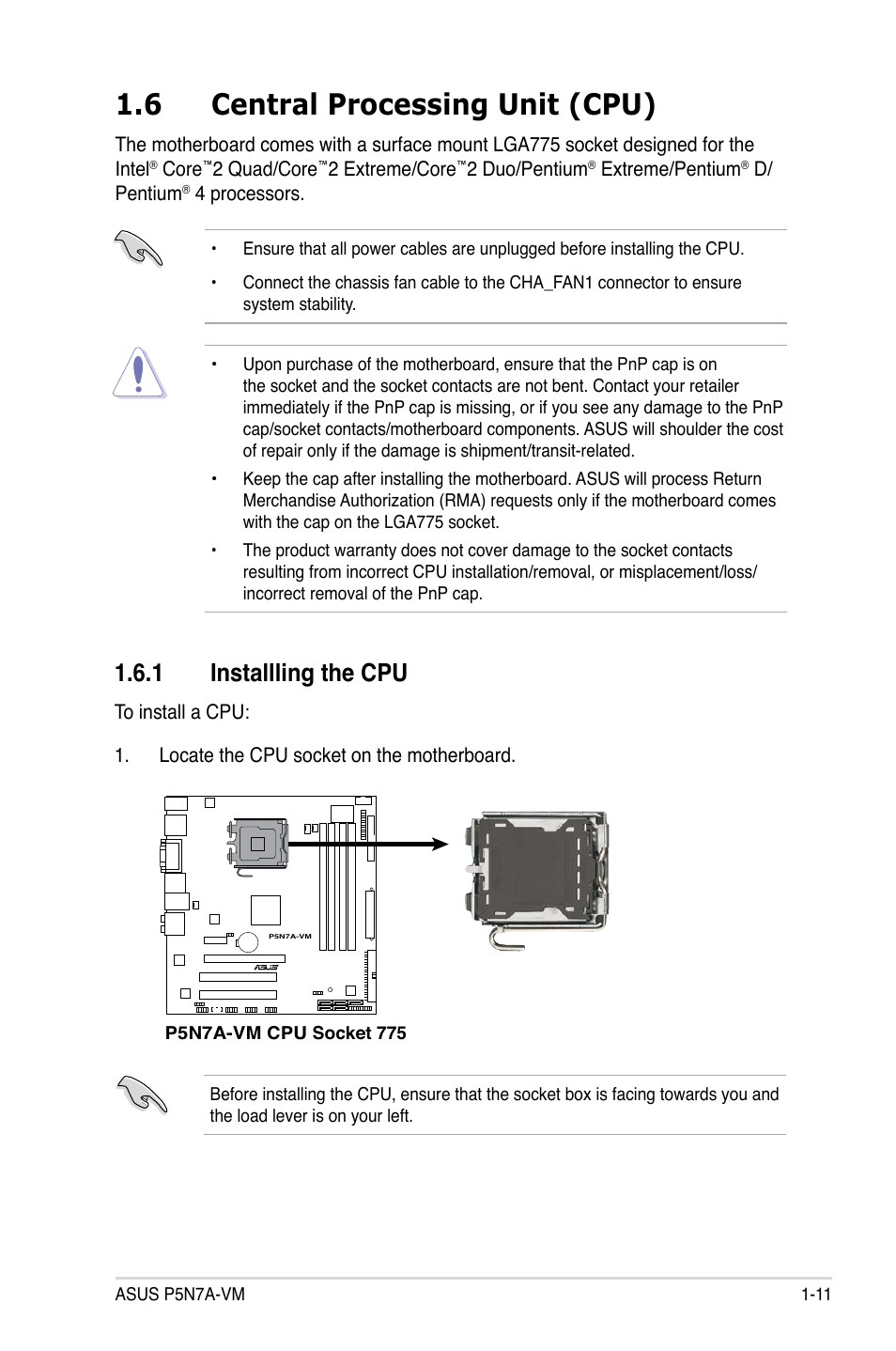 6 central processing unit (cpu), 1 installling the cpu | Asus P5N7A-VM User Manual | Page 23 / 112