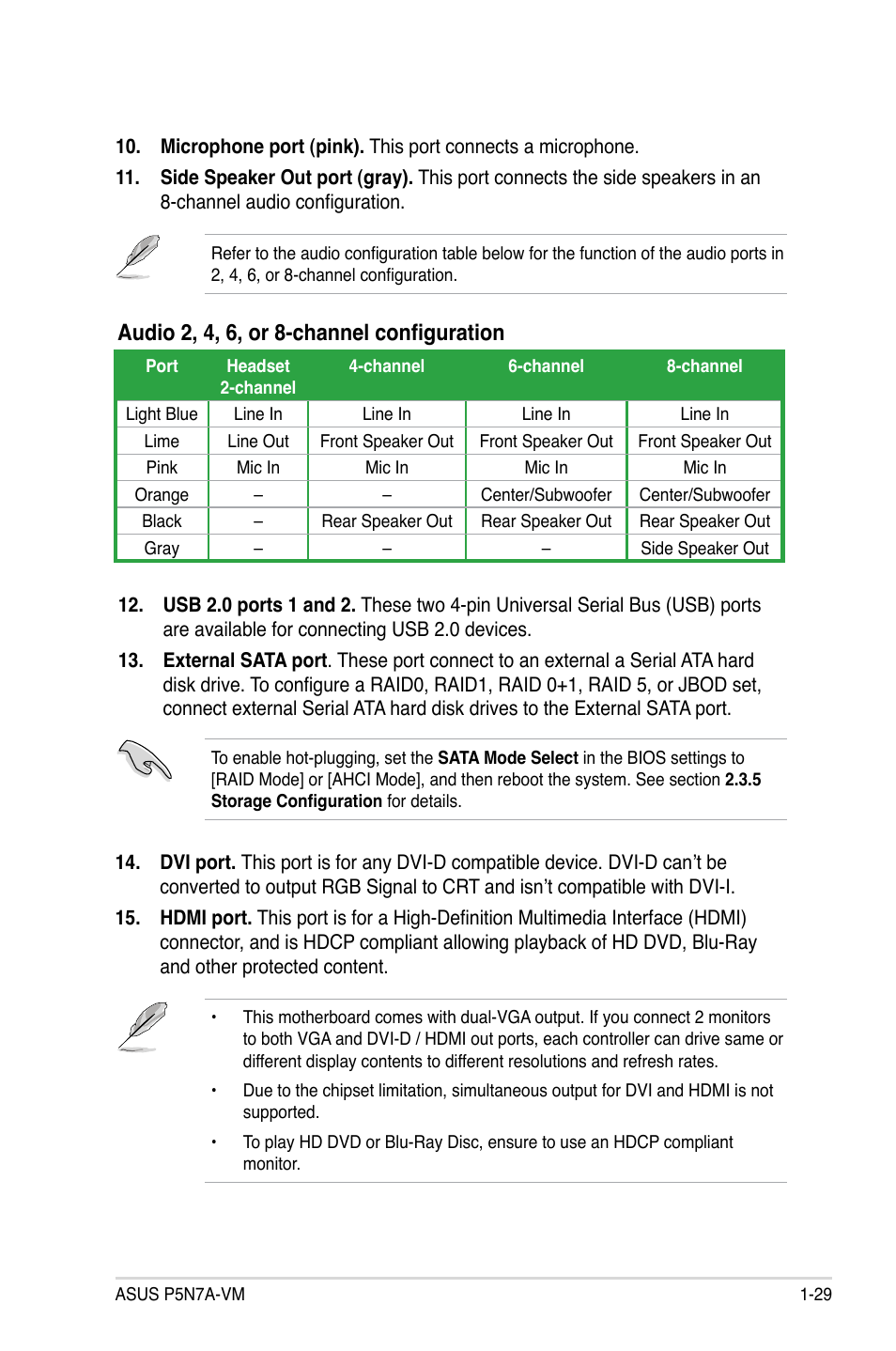 Audio 2, 4, 6, or 8-channel configuration | Asus P5N7A-VM User Manual | Page 41 / 112