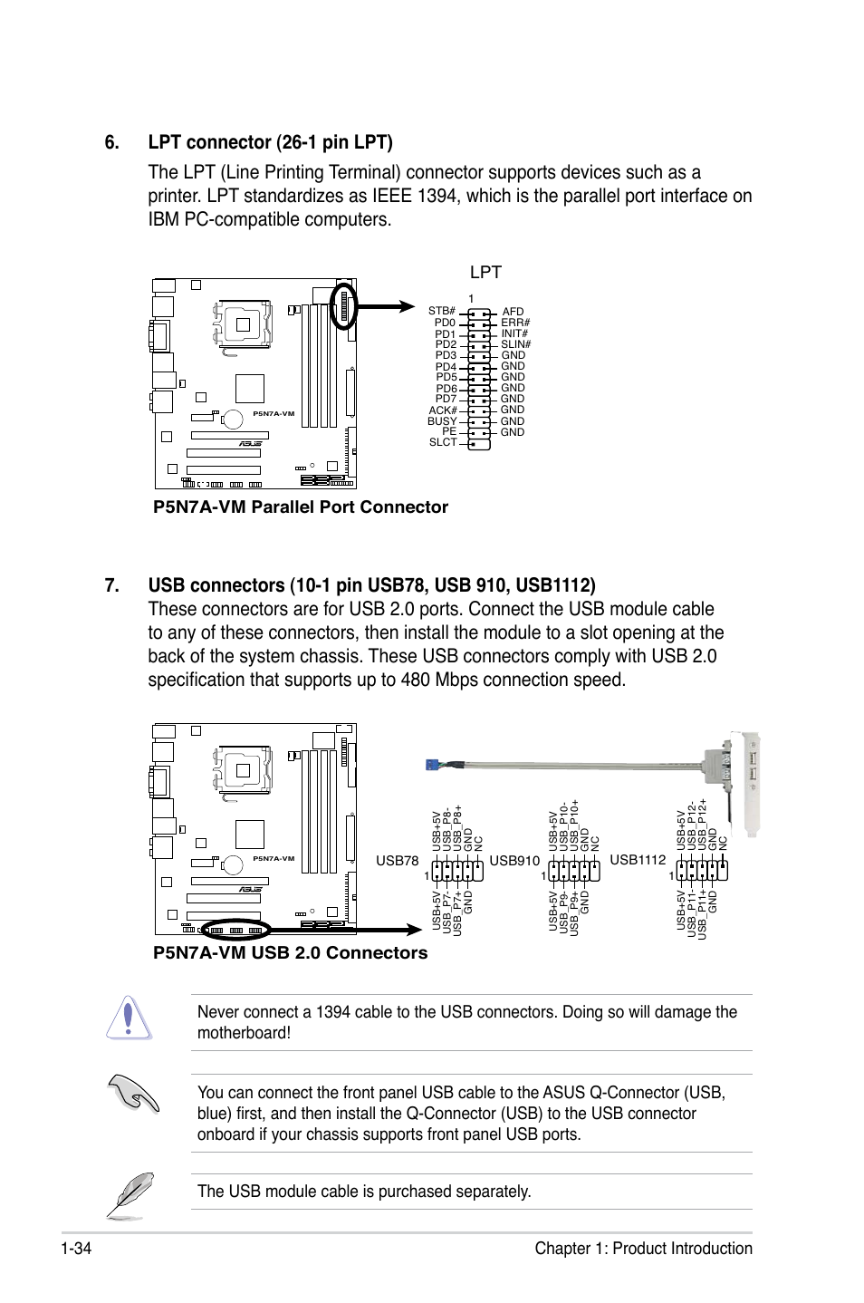 34 chapter 1: product introduction, P5n7a-vm usb 2.0 connectors, P5n7a-vm parallel port connector lpt | Asus P5N7A-VM User Manual | Page 46 / 112