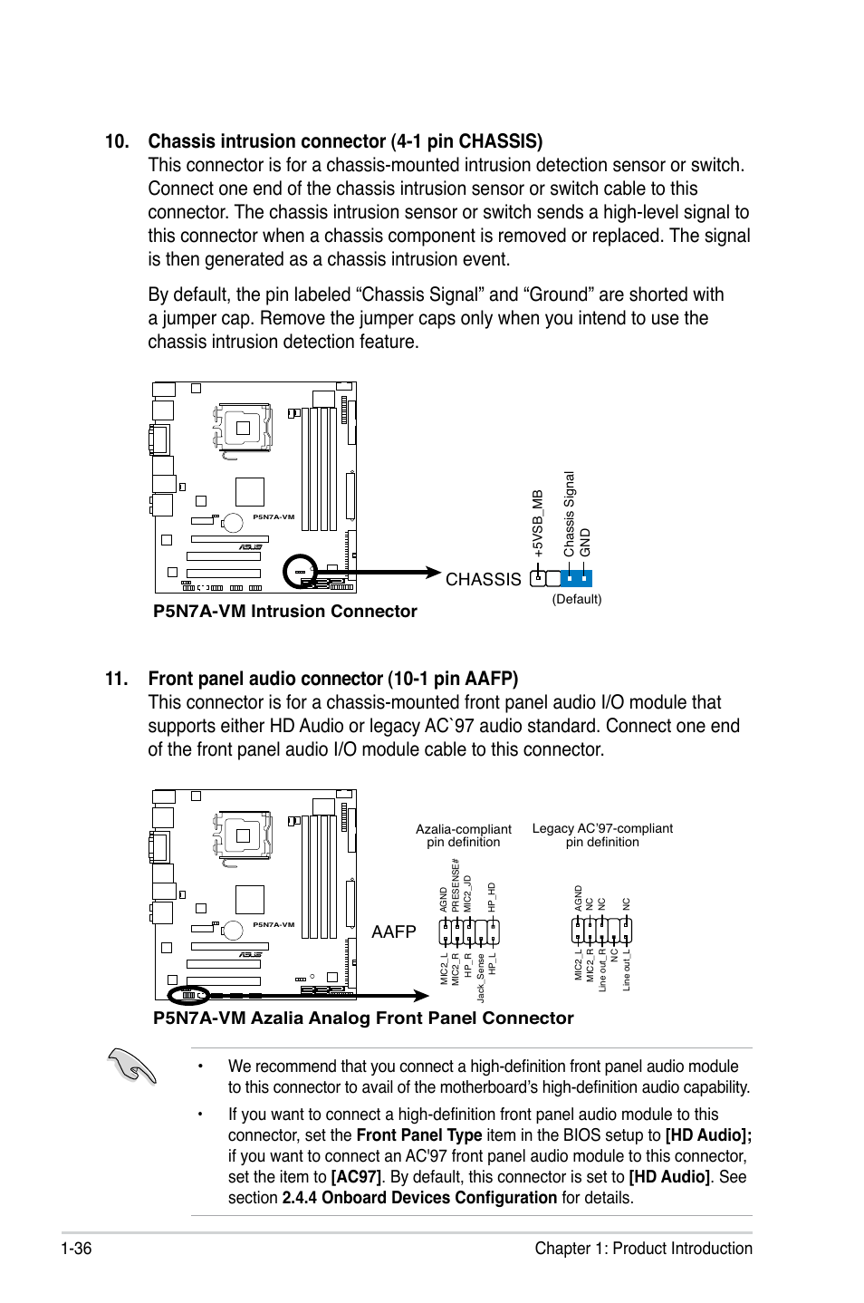 36 chapter 1: product introduction, P5n7a-vm intrusion connector chassis, P5n7a-vm azalia analog front panel connector | Aafp | Asus P5N7A-VM User Manual | Page 48 / 112