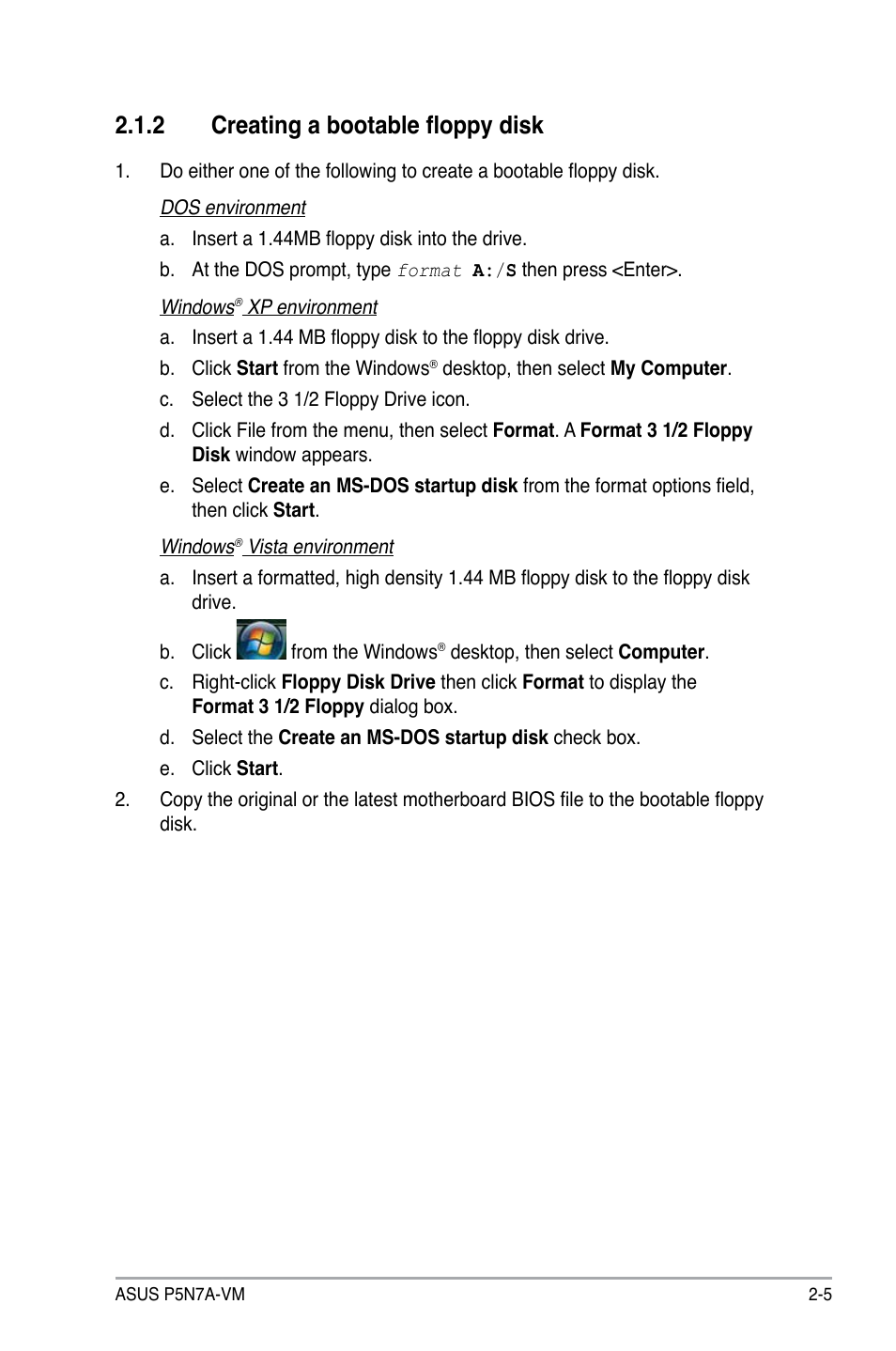 2 creating a bootable floppy disk | Asus P5N7A-VM User Manual | Page 57 / 112