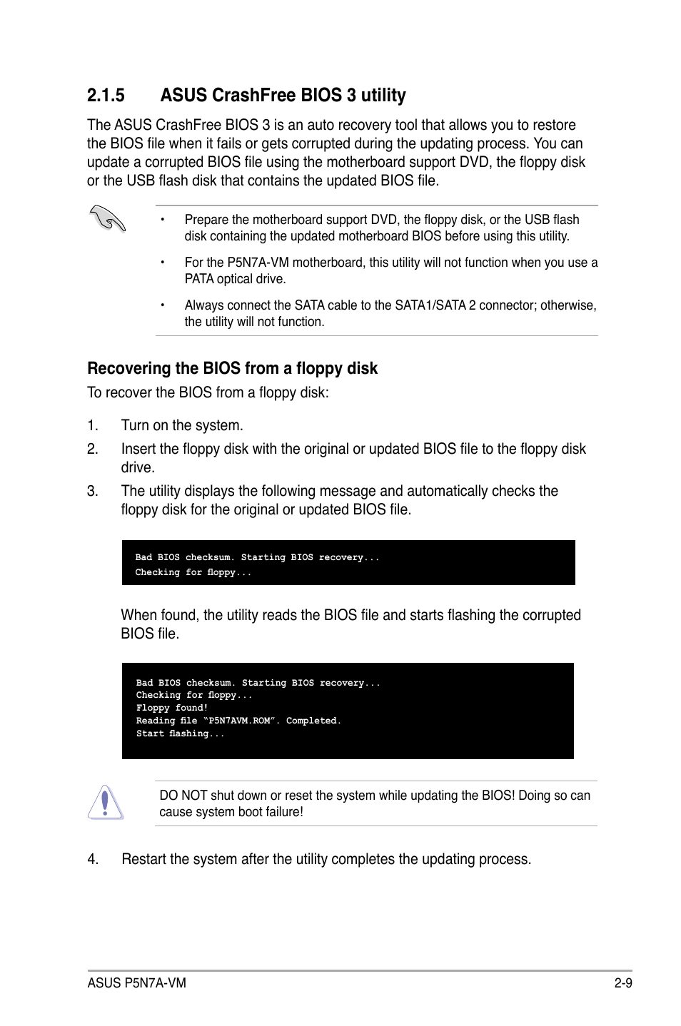 5 asus crashfree bios 3 utility, Recovering the bios from a floppy disk | Asus P5N7A-VM User Manual | Page 61 / 112