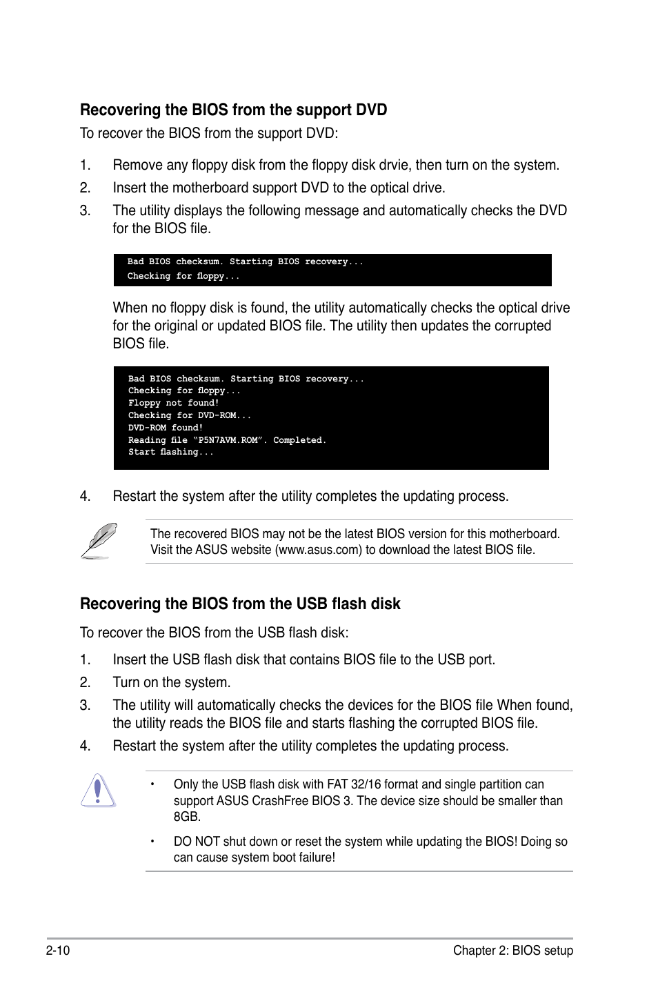 Recovering the bios from the usb flash disk, Recovering the bios from the support dvd | Asus P5N7A-VM User Manual | Page 62 / 112